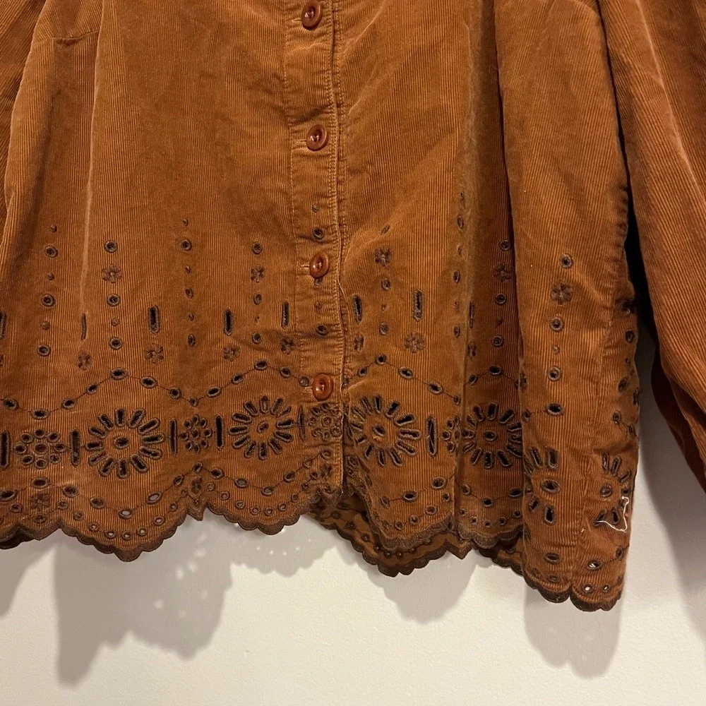 Madewell Shirt Embroidered Eyelet Corduroy Tie-Sleeve Top Brown Square Neck Med